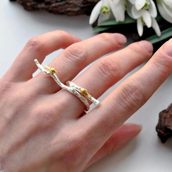 925 Sterling Silver Golden Birds on Branch Adjustable Ring - Picture 6 of 9